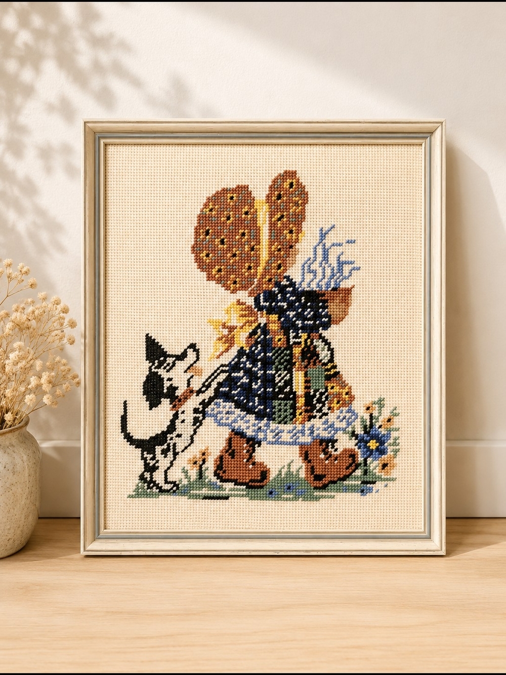 Vintage Framed Cross‑Stitch — Holly Hobbie Inspired Girl & Dog